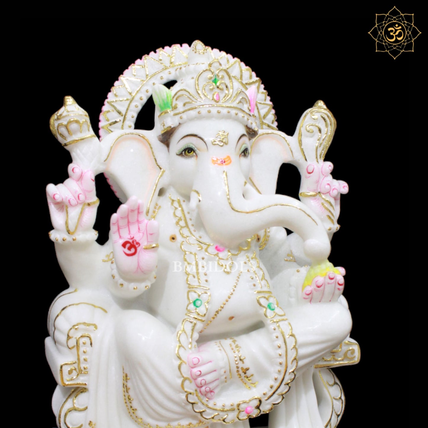 White Marble Ganpati Murti in 15inches with Full Goldwork