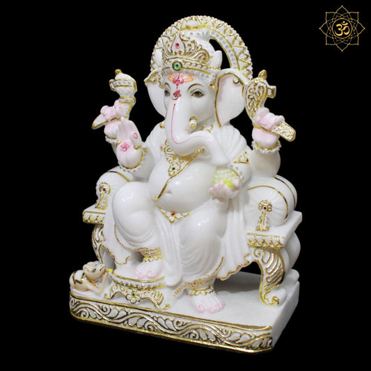 Chowki Marble Ganesh Murti made in pure white Marble for Homes and Temples