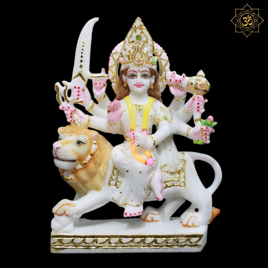 Durga Marble Murti sitting on the lion Eight Hands in 9inches