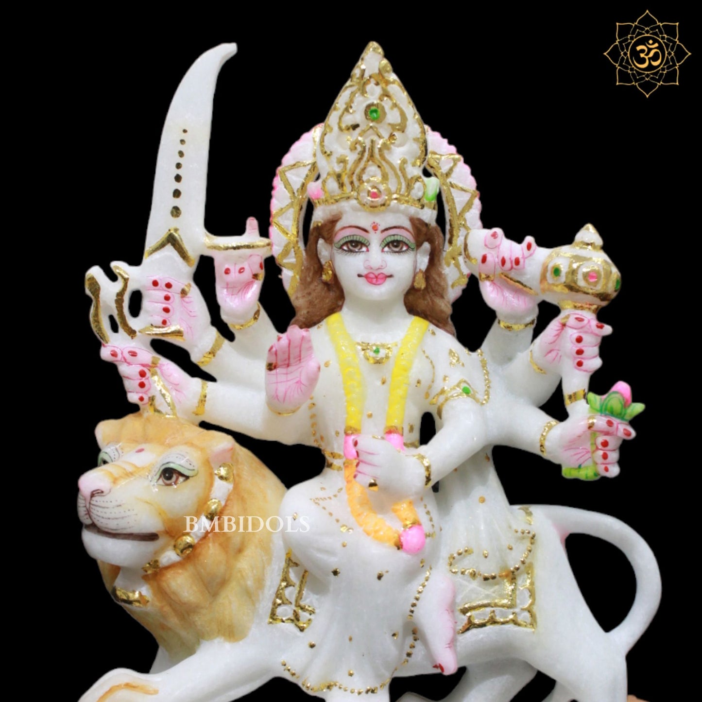 Durga Marble Murti sitting on the lion Eight Hands in 9inches