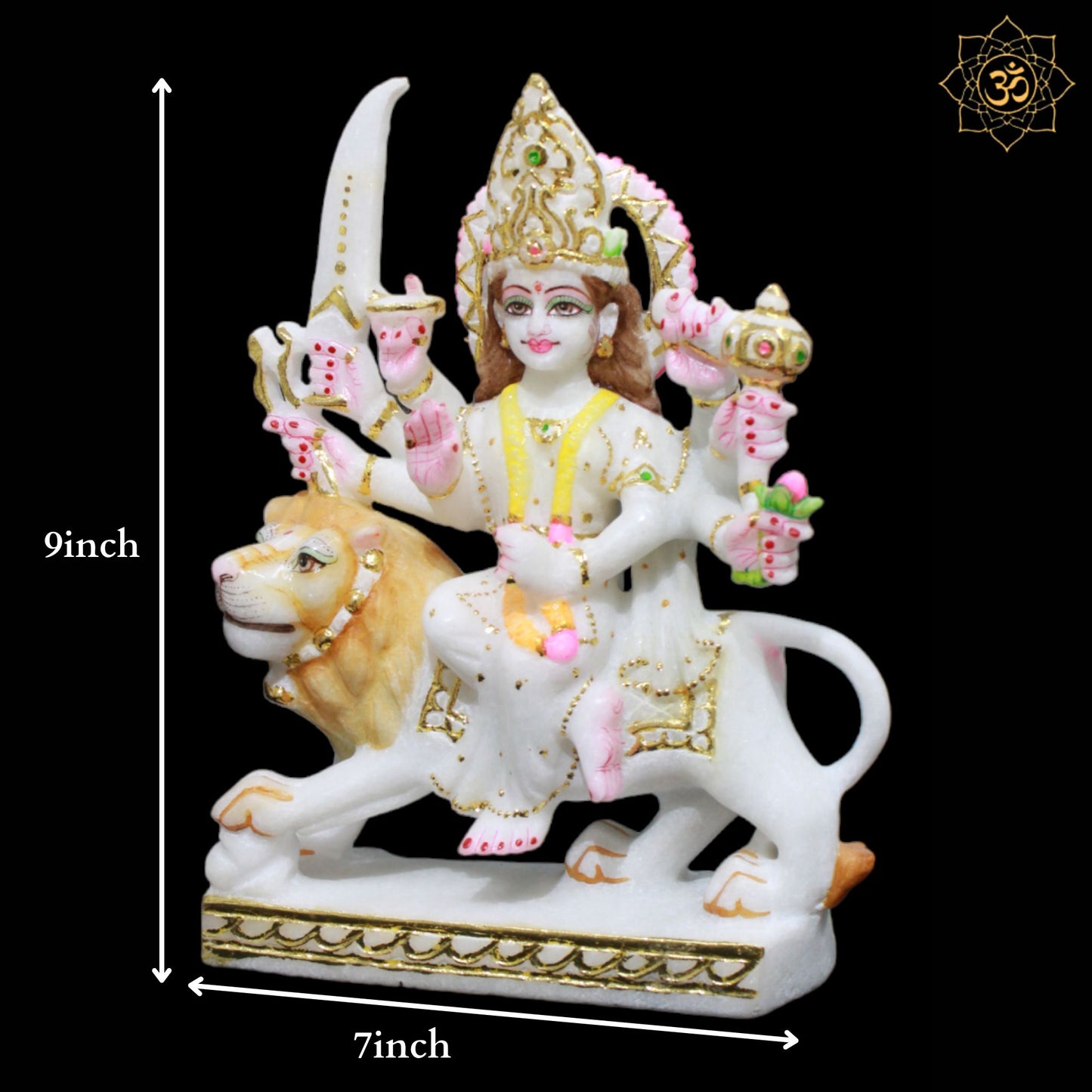 Durga Marble Murti sitting on the lion Eight Hands in 9inches