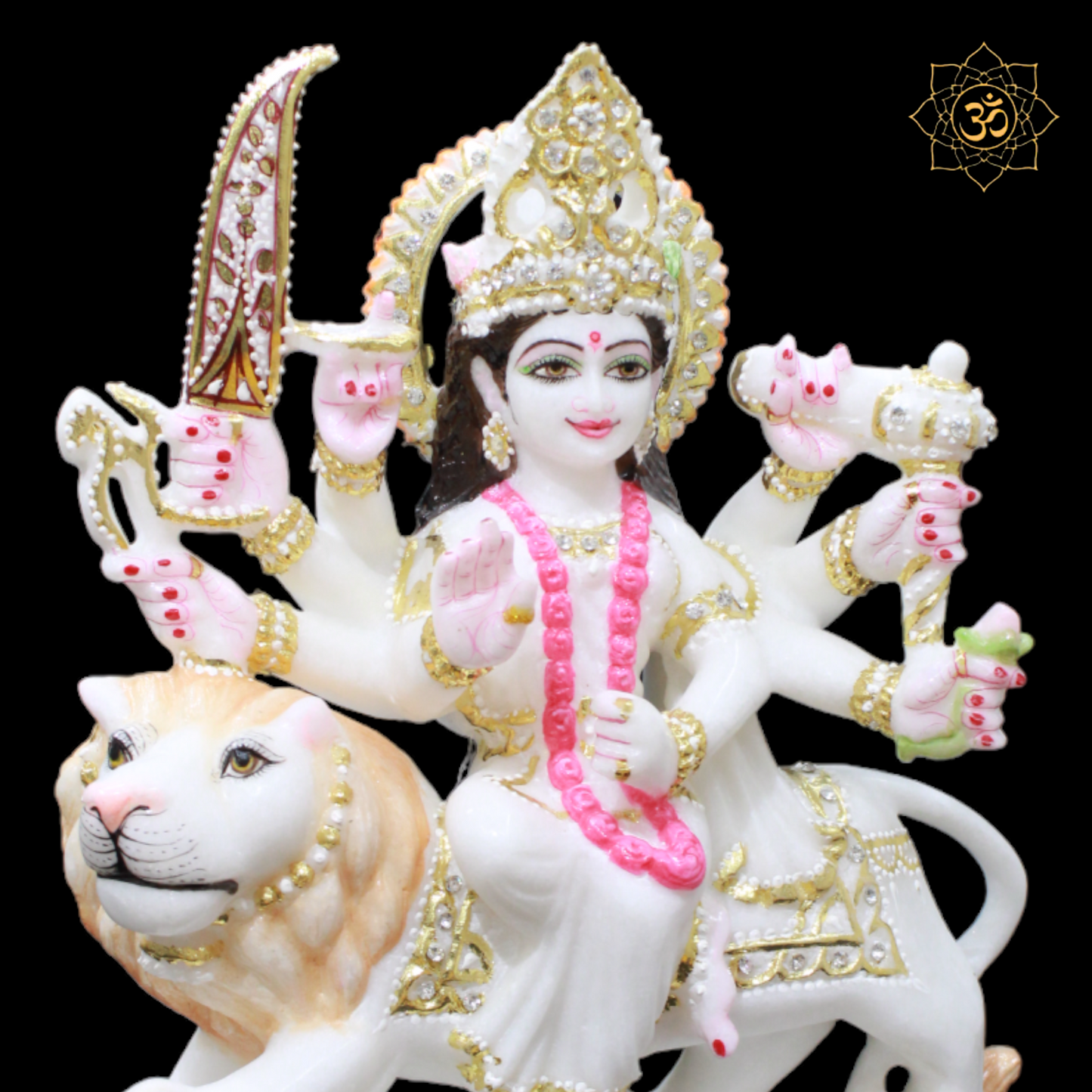 White Marble Durga Idol with Diamond work in 12inch