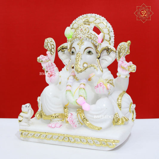 Gold Work Marble Stone Ganesh Statue made in pure white in 12inch