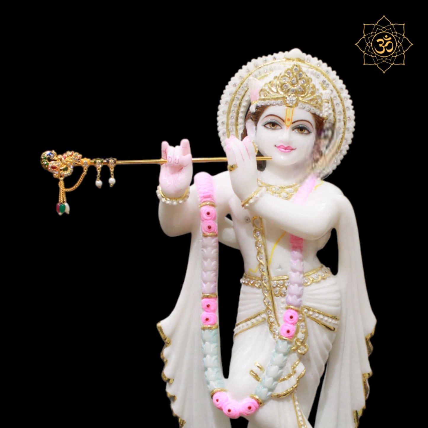 White Marble Radha Krishna Murti with Full Diamond Work in 18inches