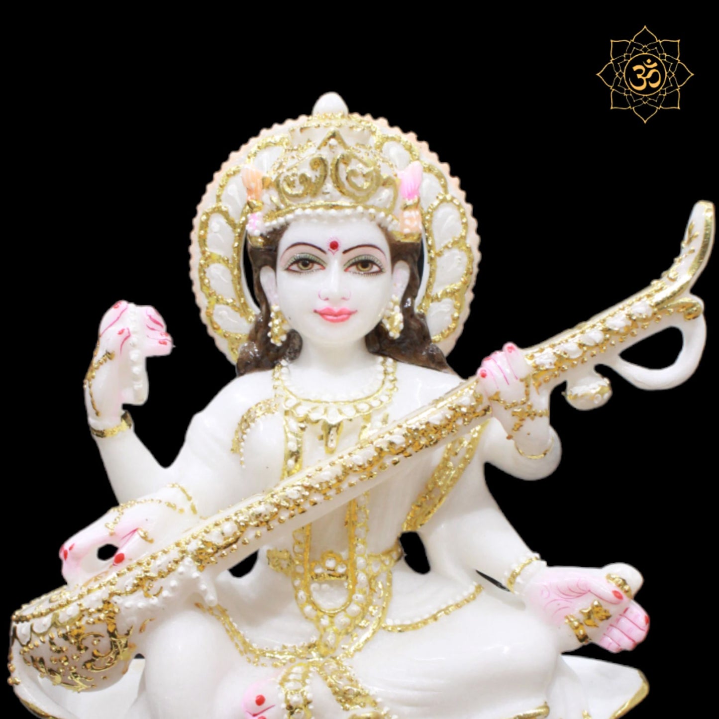 White Marble Saraswati Murti on Lotus in 1feet