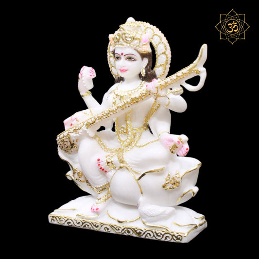 White Marble Saraswati Murti on Lotus in 1feet