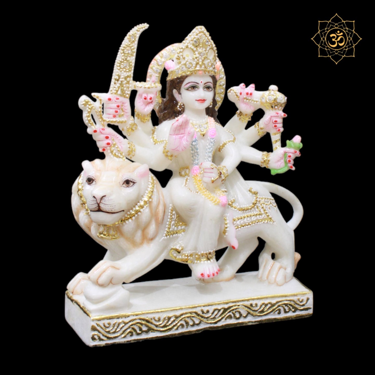 Durga Marble Murti in 12inches sitting on Lion with Diamond Work