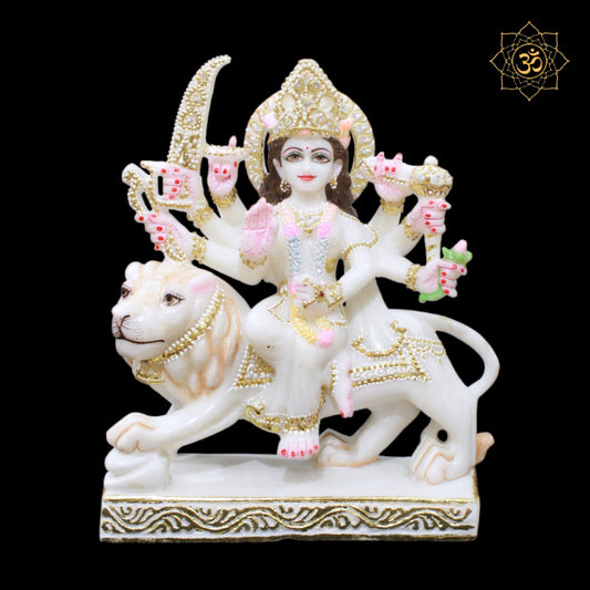 Durga Marble Murti in 12inches sitting on Lion with Diamond Work