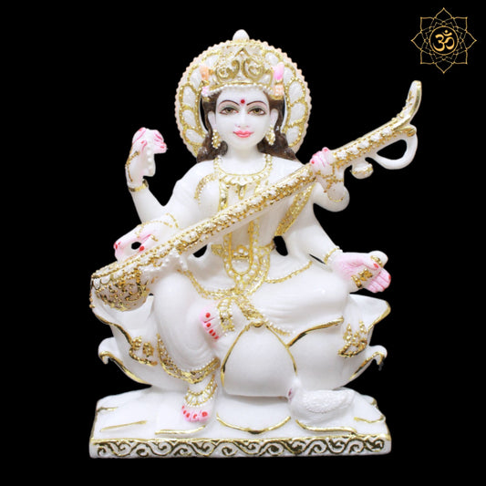 White Marble Saraswati Murti on Lotus in 1feet