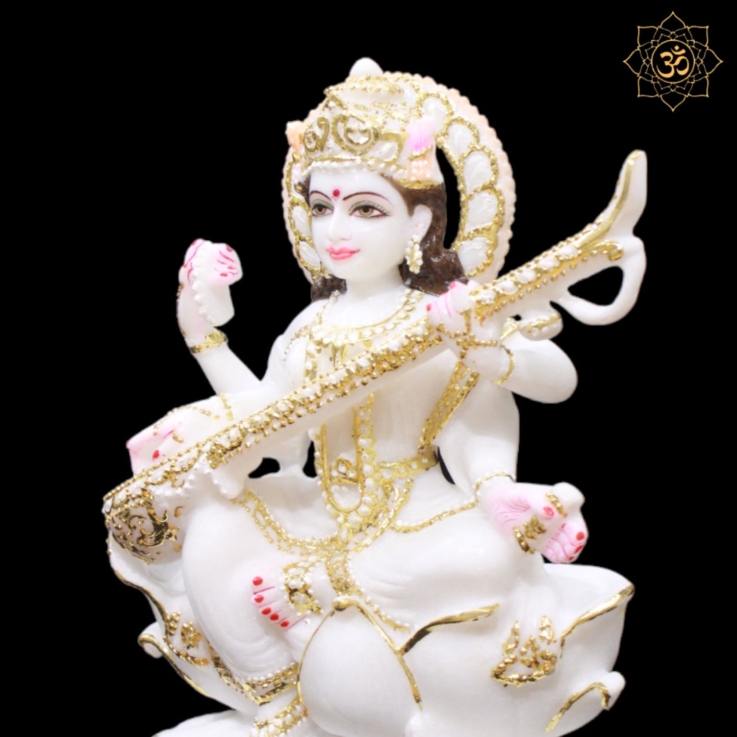 White Marble Saraswati Murti on Lotus in 1feet