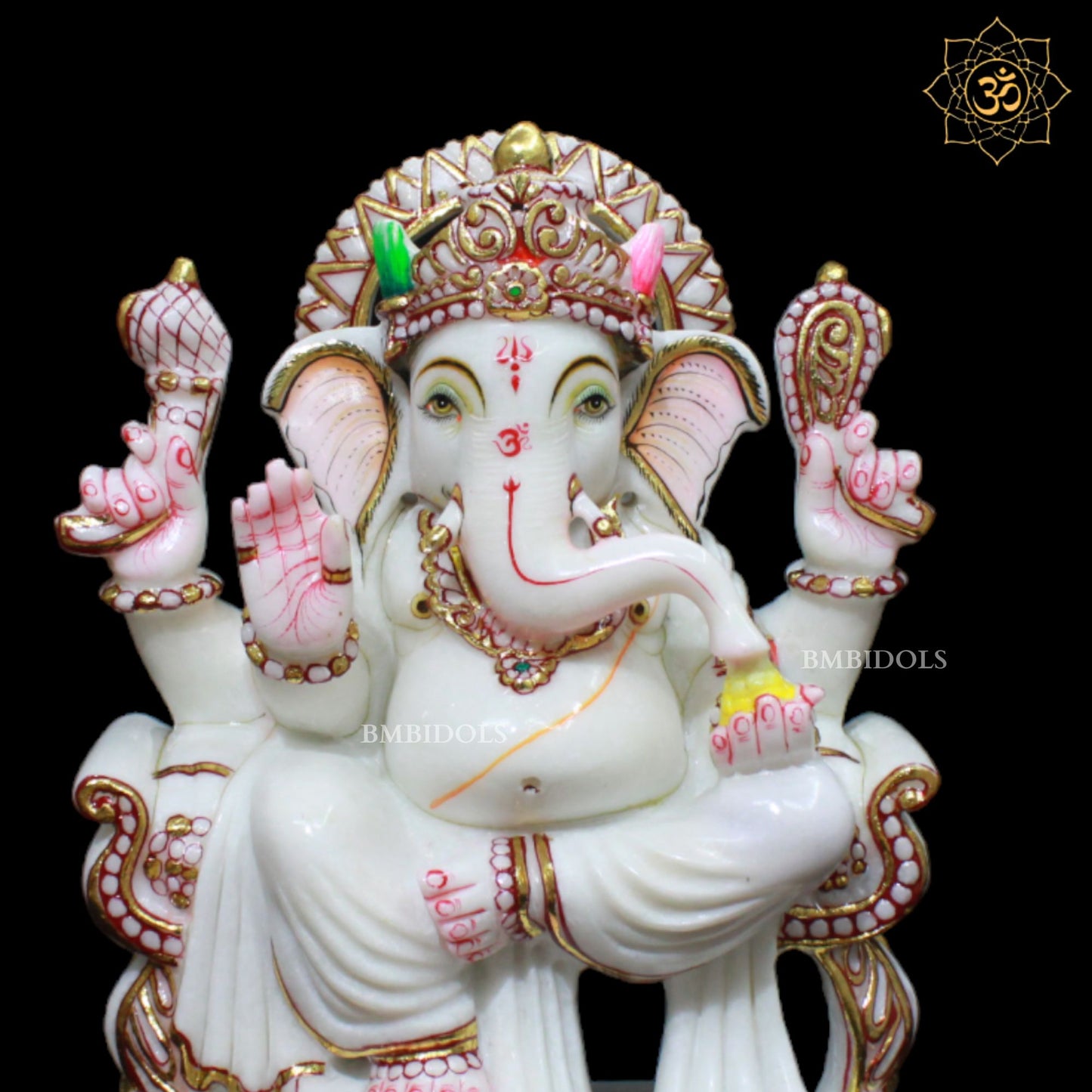 White Marble Ganesh Murti in 12inch with Full Goldwork