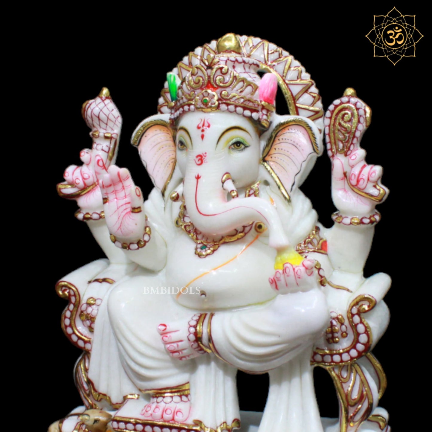 White Marble Ganesh Murti in 12inch with Full Goldwork