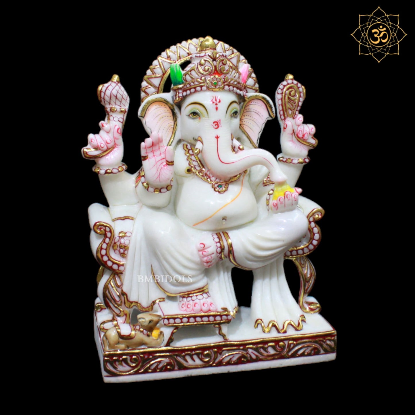 White Marble Ganesh Murti in 12inch with Full Goldwork