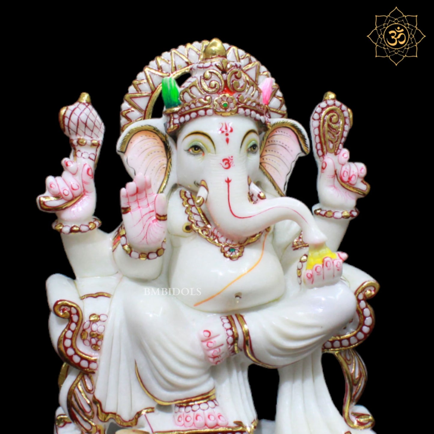 White Marble Ganesh Murti in 12inch with Full Goldwork