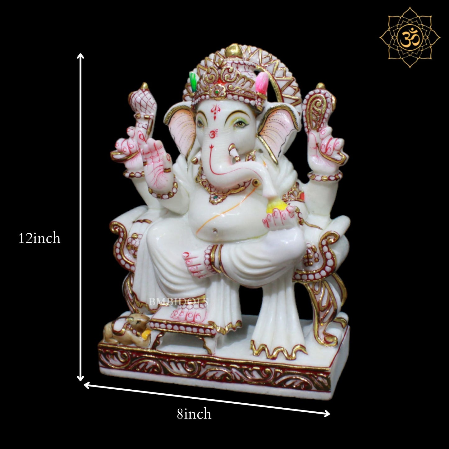 White Marble Ganesh Murti in 12inch with Full Goldwork