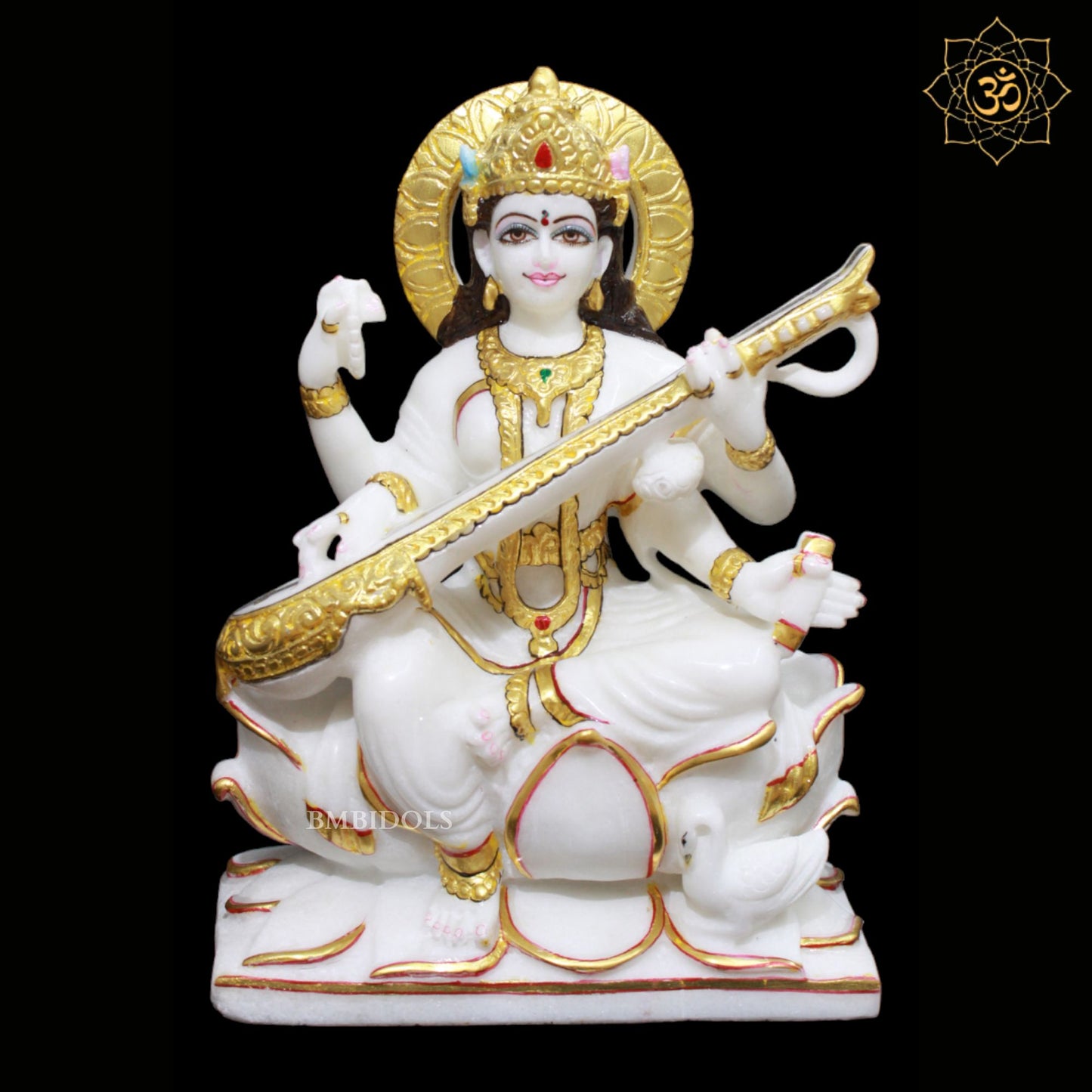 White Marble Saraswati Maa Murti in 12inches for Homes and Temples