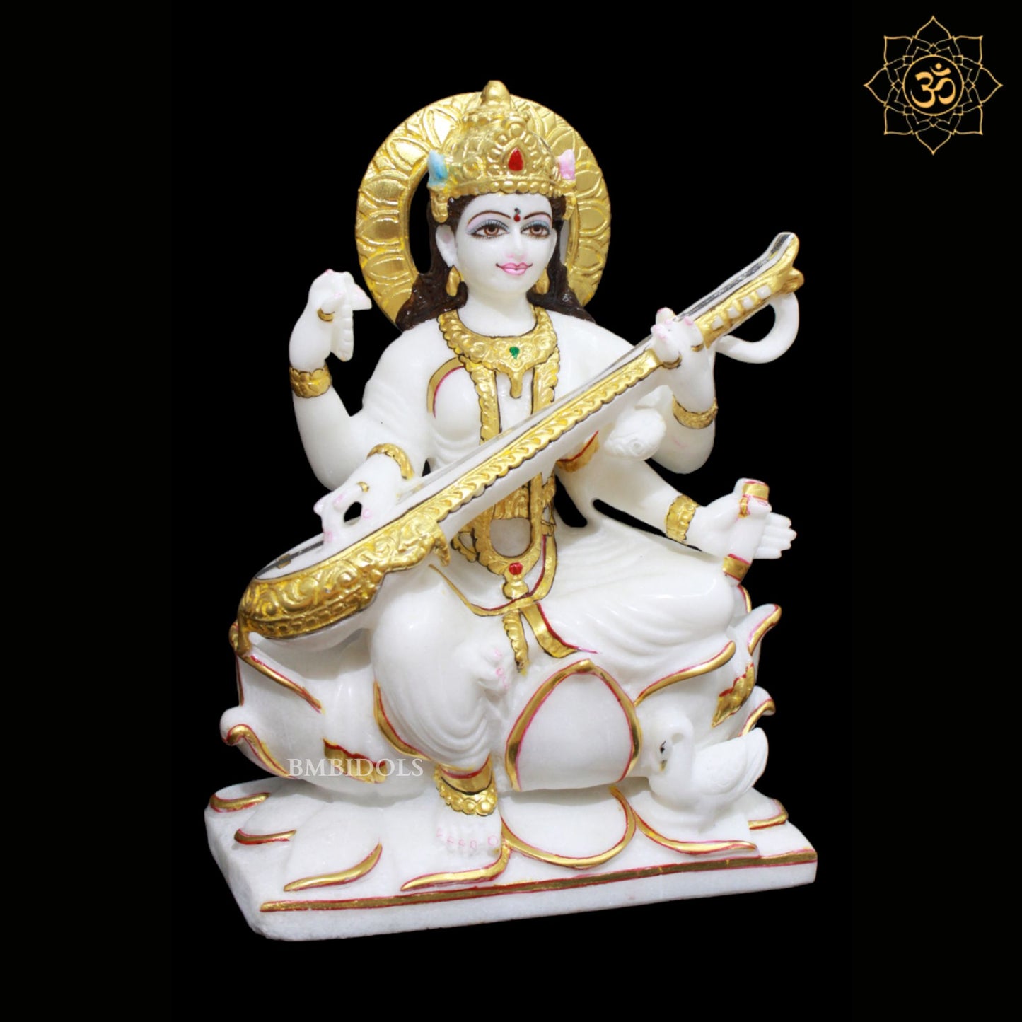 White Marble Saraswati Maa Murti in 12inches for Homes and Temples