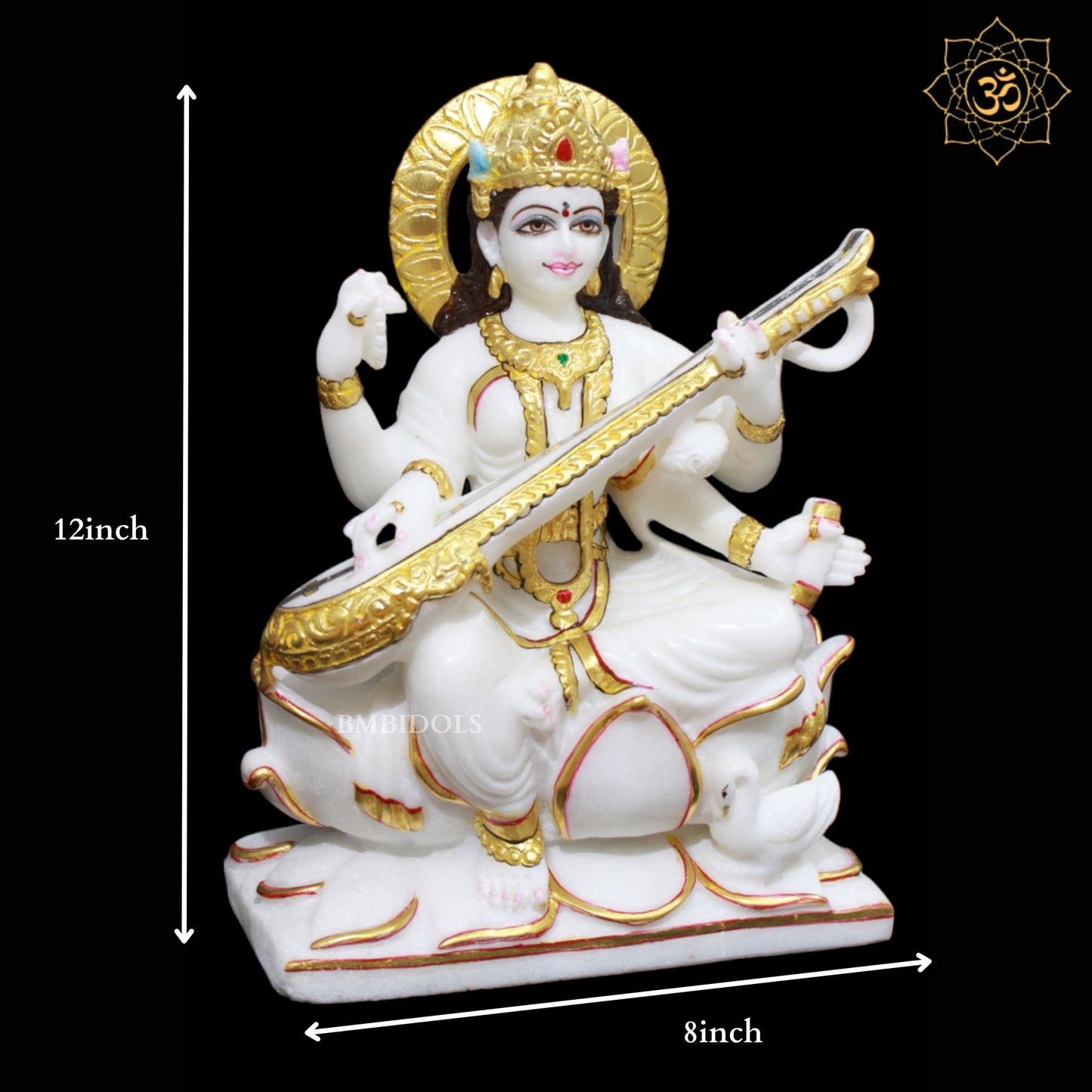 White Marble Saraswati Maa Murti in 12inches for Homes and Temples