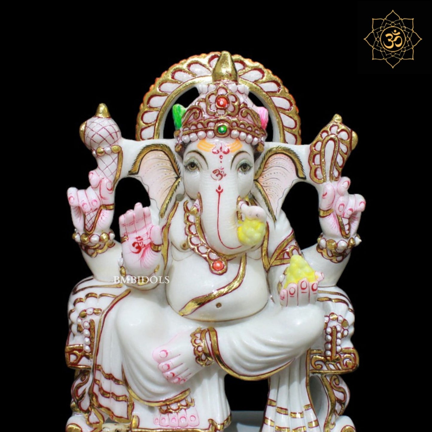 Gold Work Marble Ganesh Murti sitting on Chowki in 12inch