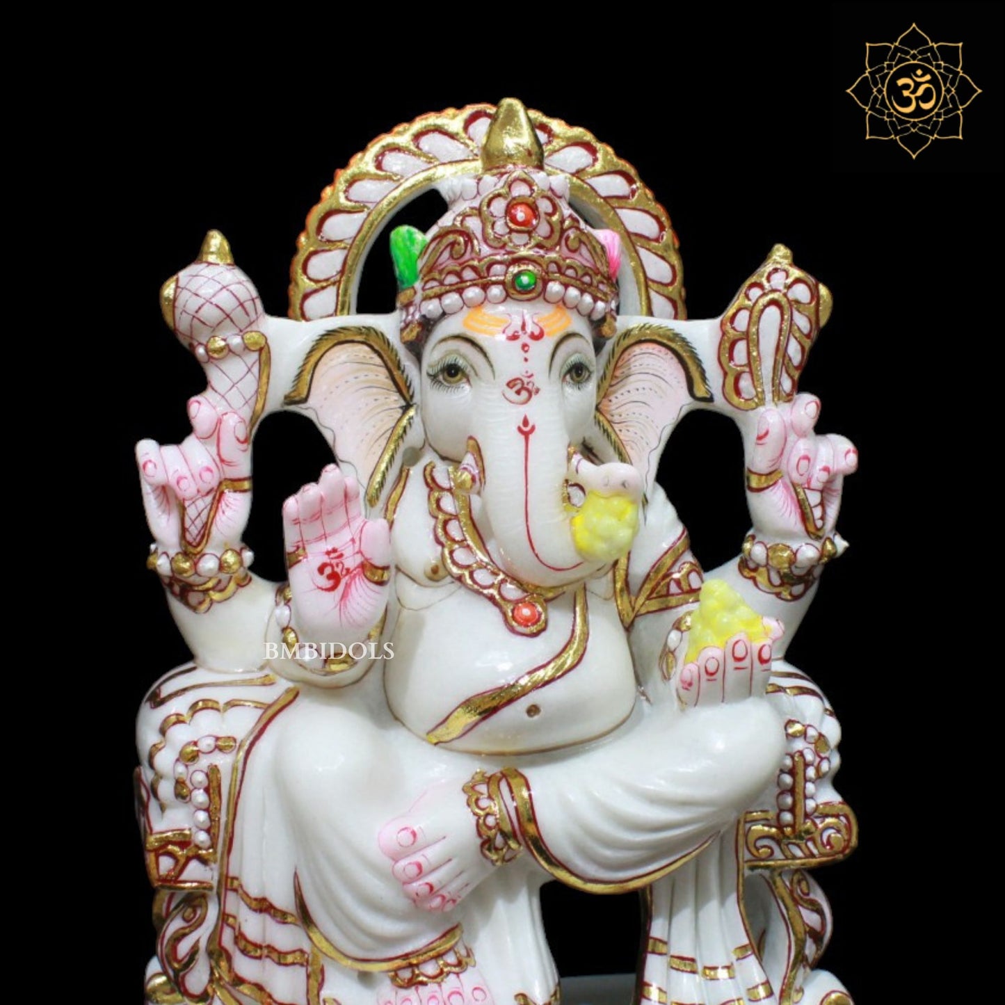 Gold Work Marble Ganesh Murti sitting on Chowki in 12inch