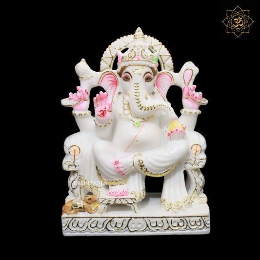 White Marble Ganesh Murti in Makrana Marble in 9inch