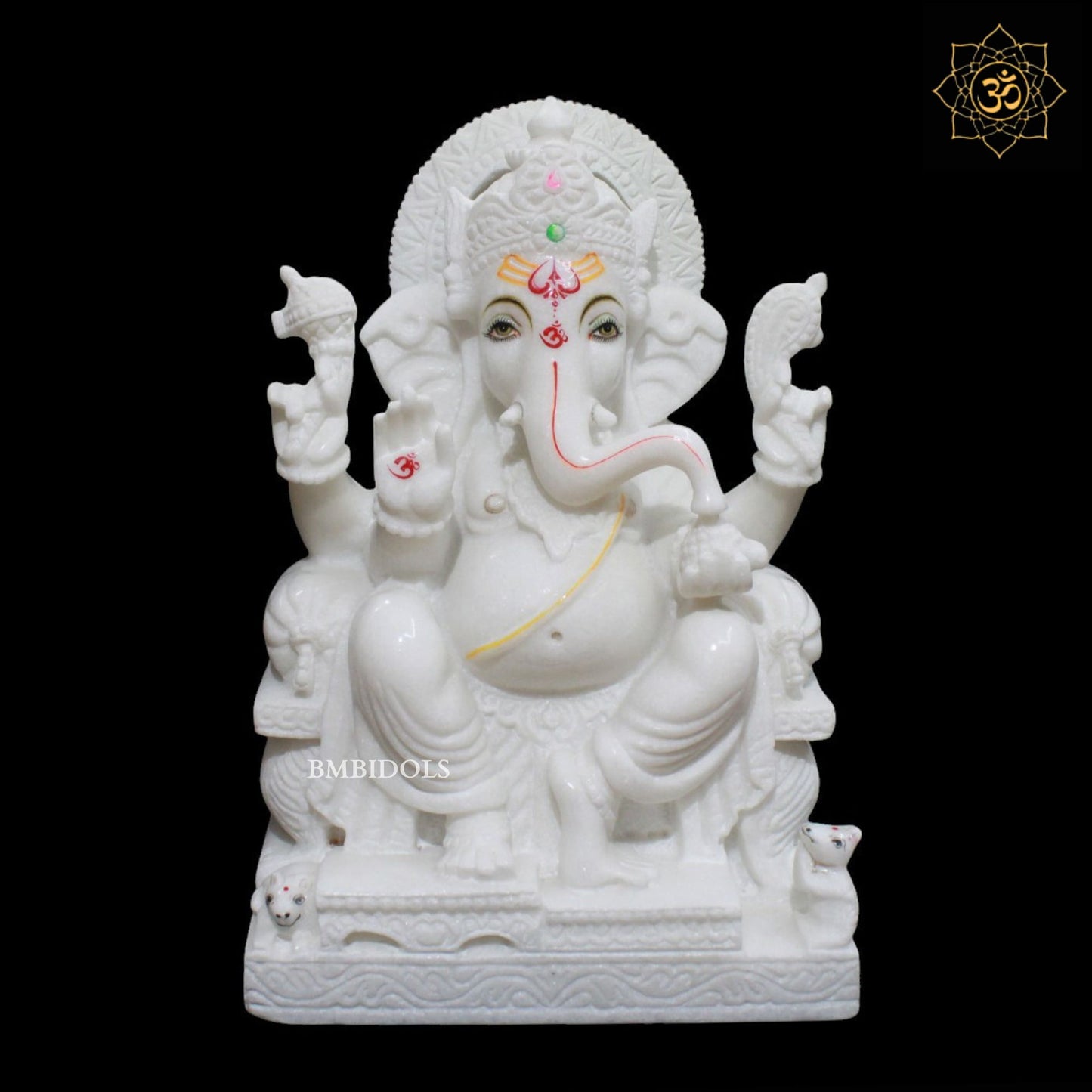 White Marble Ganesh Murti sitting on the Chowki in 15inch