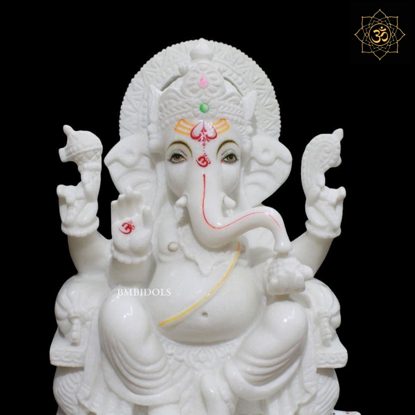 White Marble Ganesh Murti sitting on the Chowki in 15inch