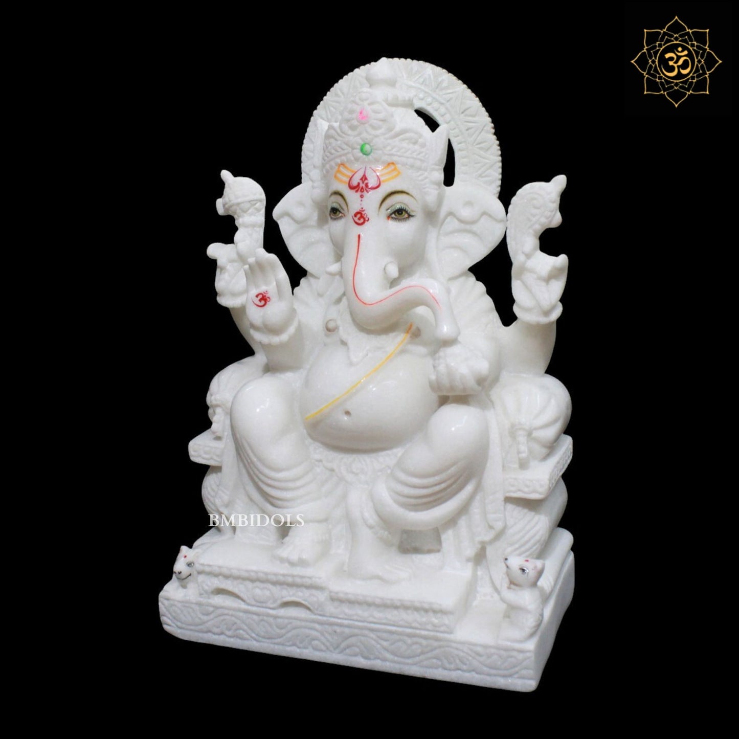 White Marble Ganesh Murti sitting on the Chowki in 15inch