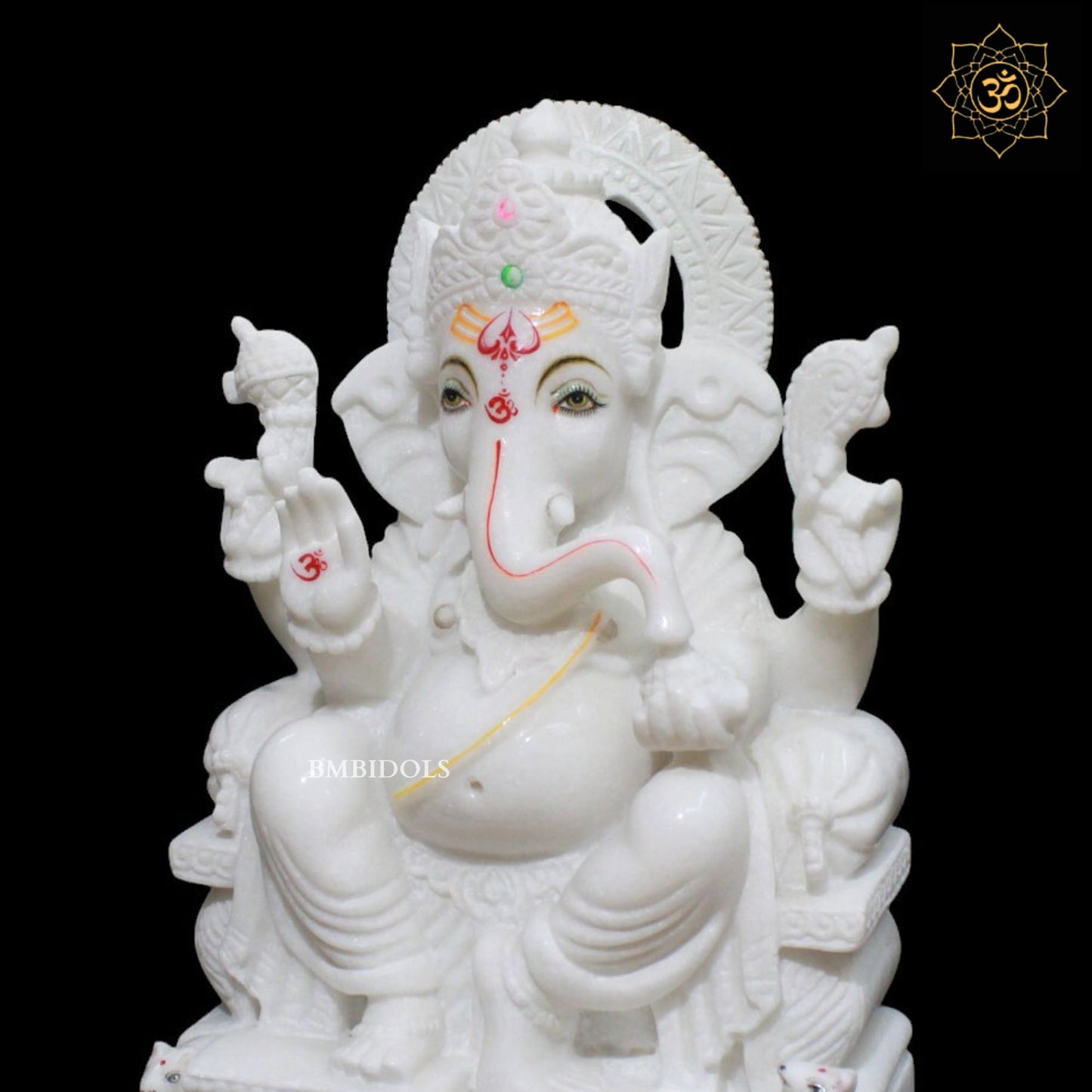 White Marble Ganesh Murti sitting on the Chowki in 15inch