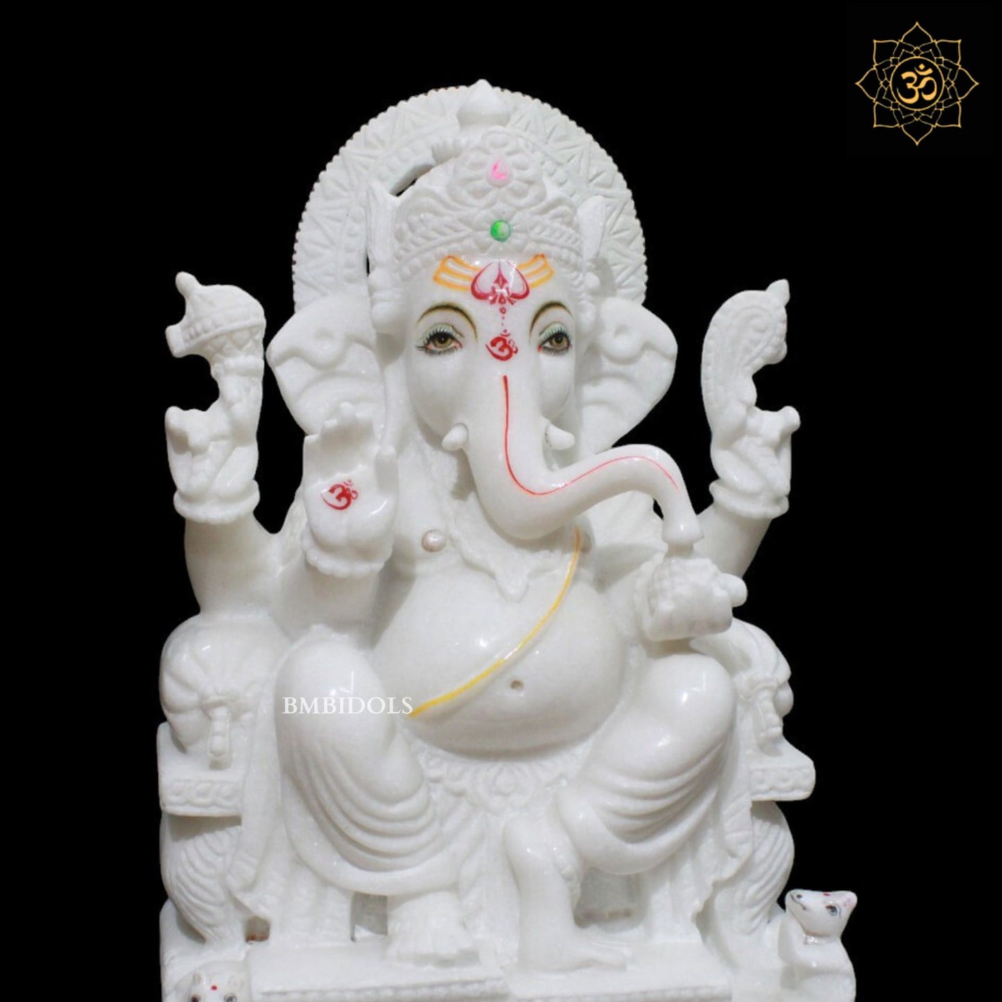 White Marble Ganesh Murti sitting on the Chowki in 15inch