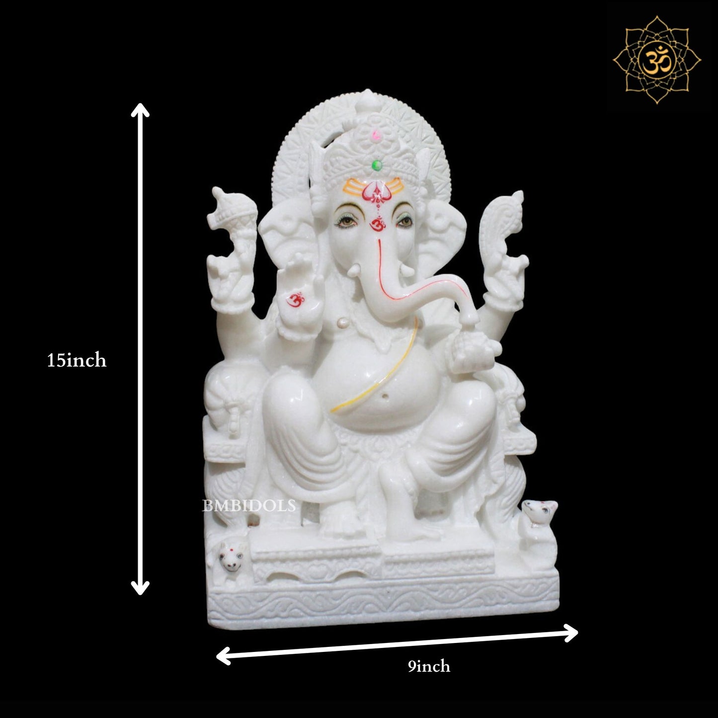 White Marble Ganesh Murti sitting on the Chowki in 15inch