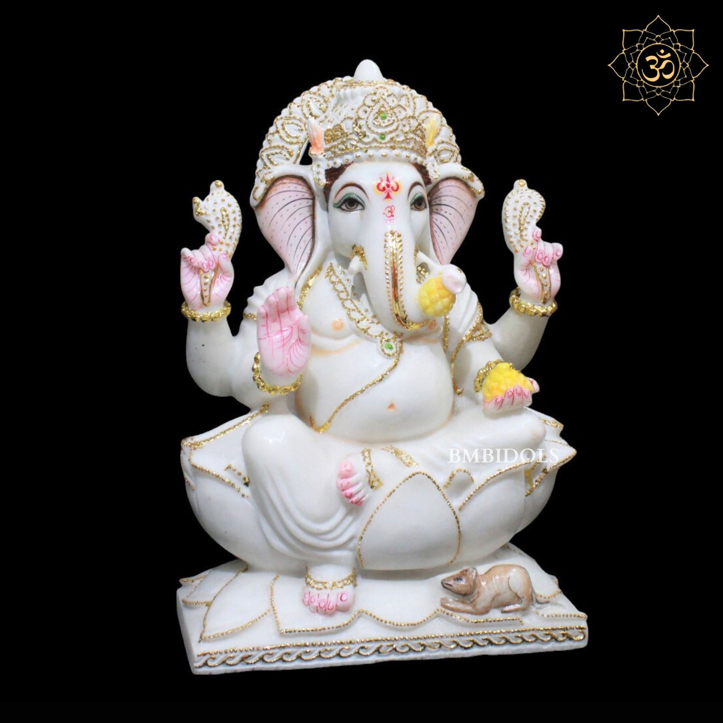 15inch Marble Ganesh Murti sitting on Lotus in Makrana Marble