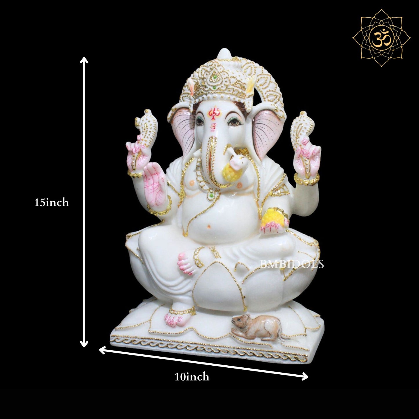 15inch Marble Ganesh Murti sitting on Lotus in Makrana Marble