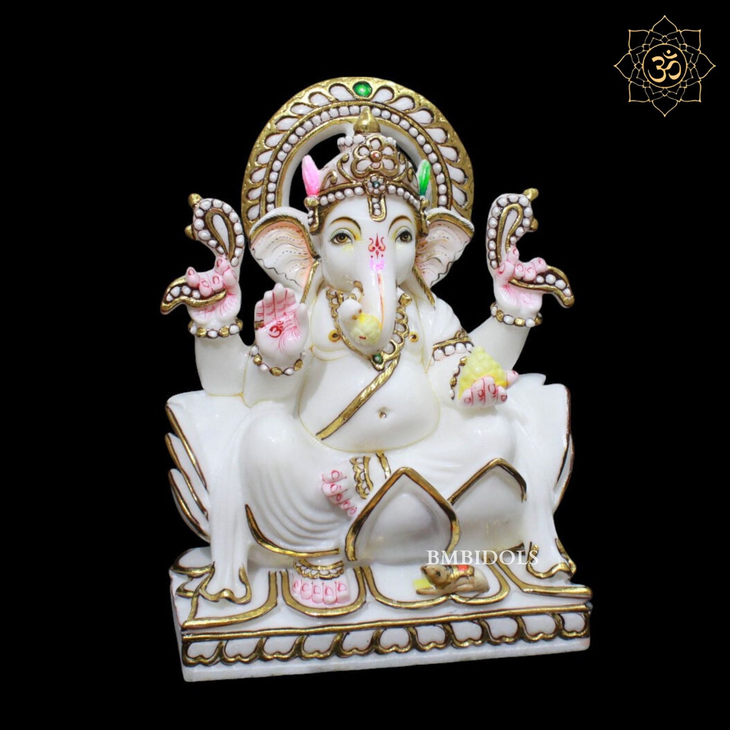 White Marble Ganesh Murti in Goldwork in 12inch in Makrana Marble