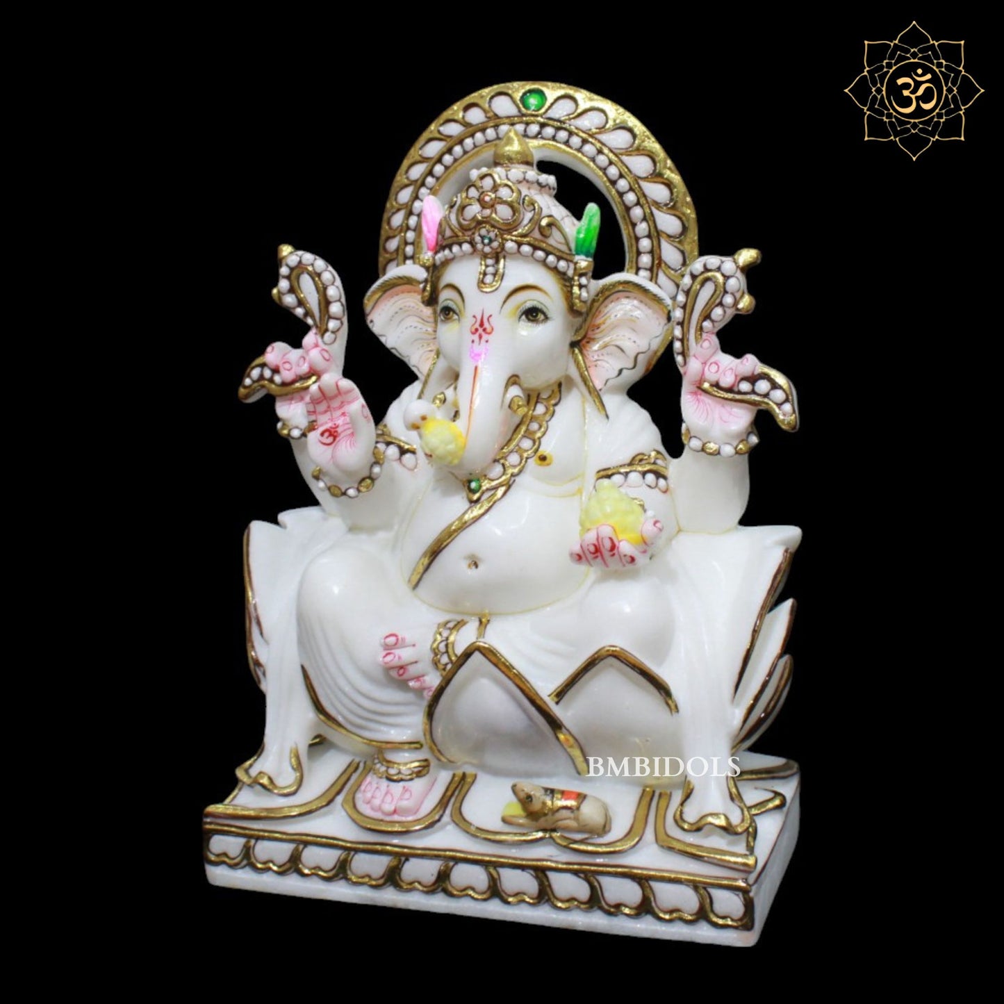 White Marble Ganesh Murti in Goldwork in 12inch in Makrana Marble