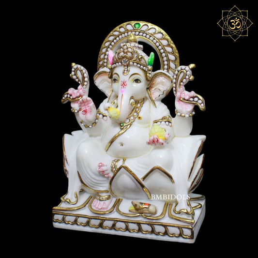 White Marble Ganesh Murti in Goldwork in 12inch in Makrana Marble