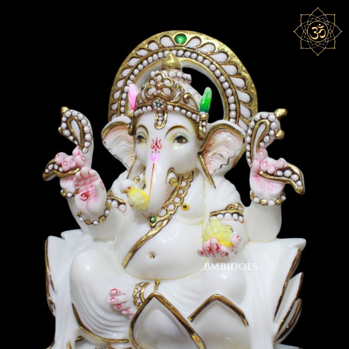 White Marble Ganesh Murti in Goldwork in 12inch in Makrana Marble