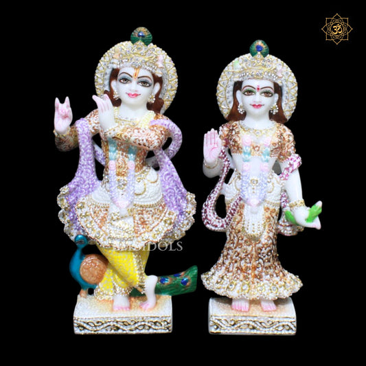 Marble Radha Krishna Bhagwan Murti in Special Diamond Work in 1feet