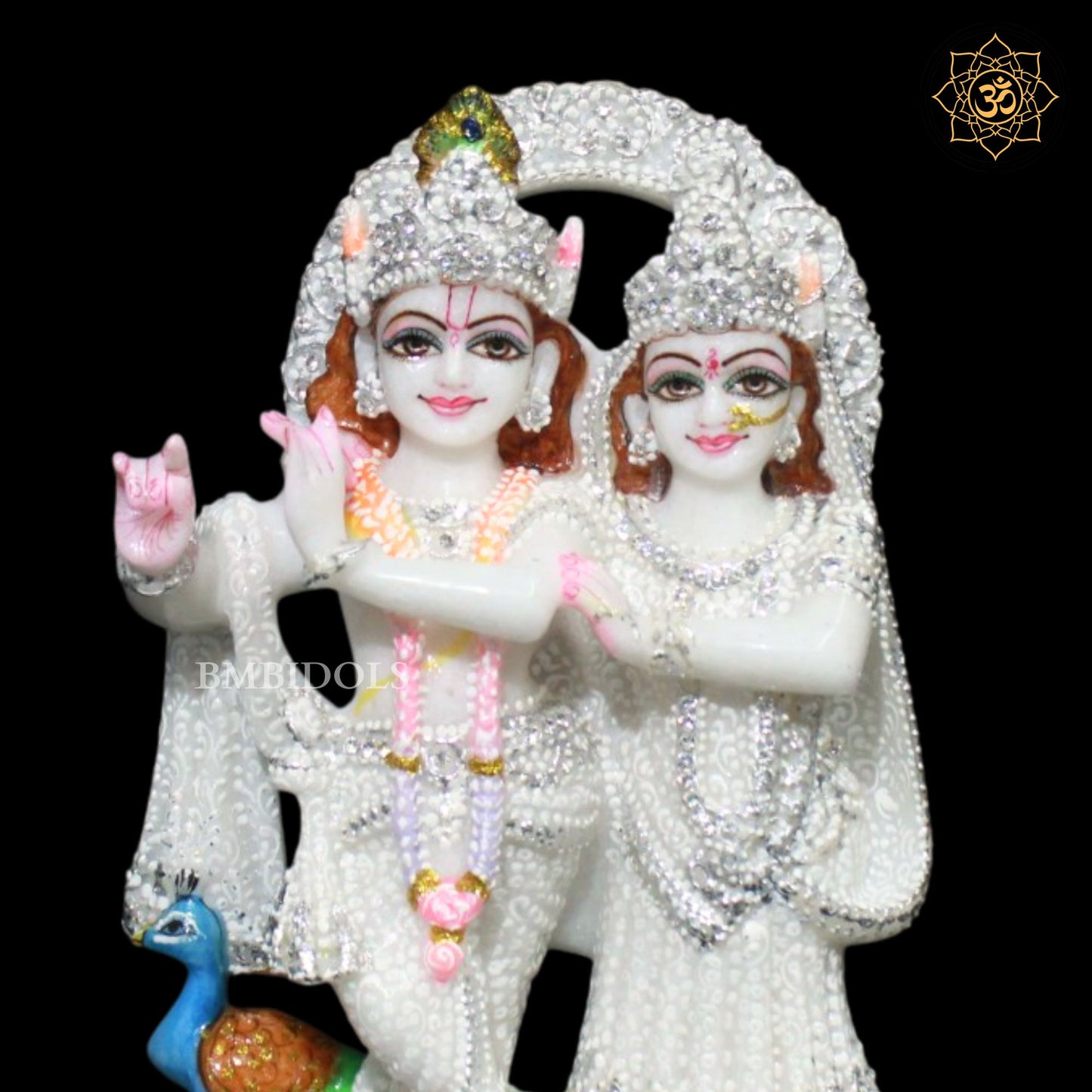 Jugal Radha Krishna Marble Murti in 9inches in Silver Diamond Work
