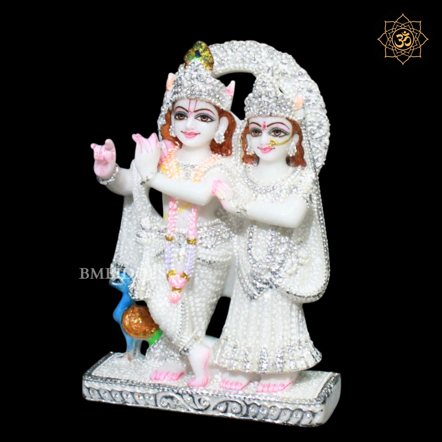 Jugal Radha Krishna Marble Murti in 9inches in Silver Diamond Work