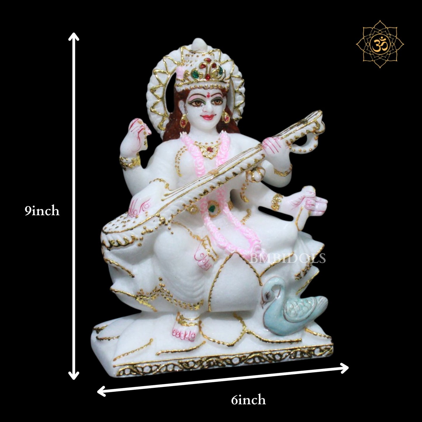 Marble Saraswati Maa Murti in 9inches for Ghar Mandirs
