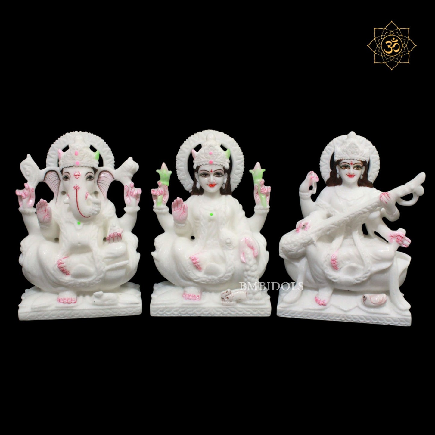 9inch Marble Ganesh Lakshmi Saraswati Statue in Makrana Marble