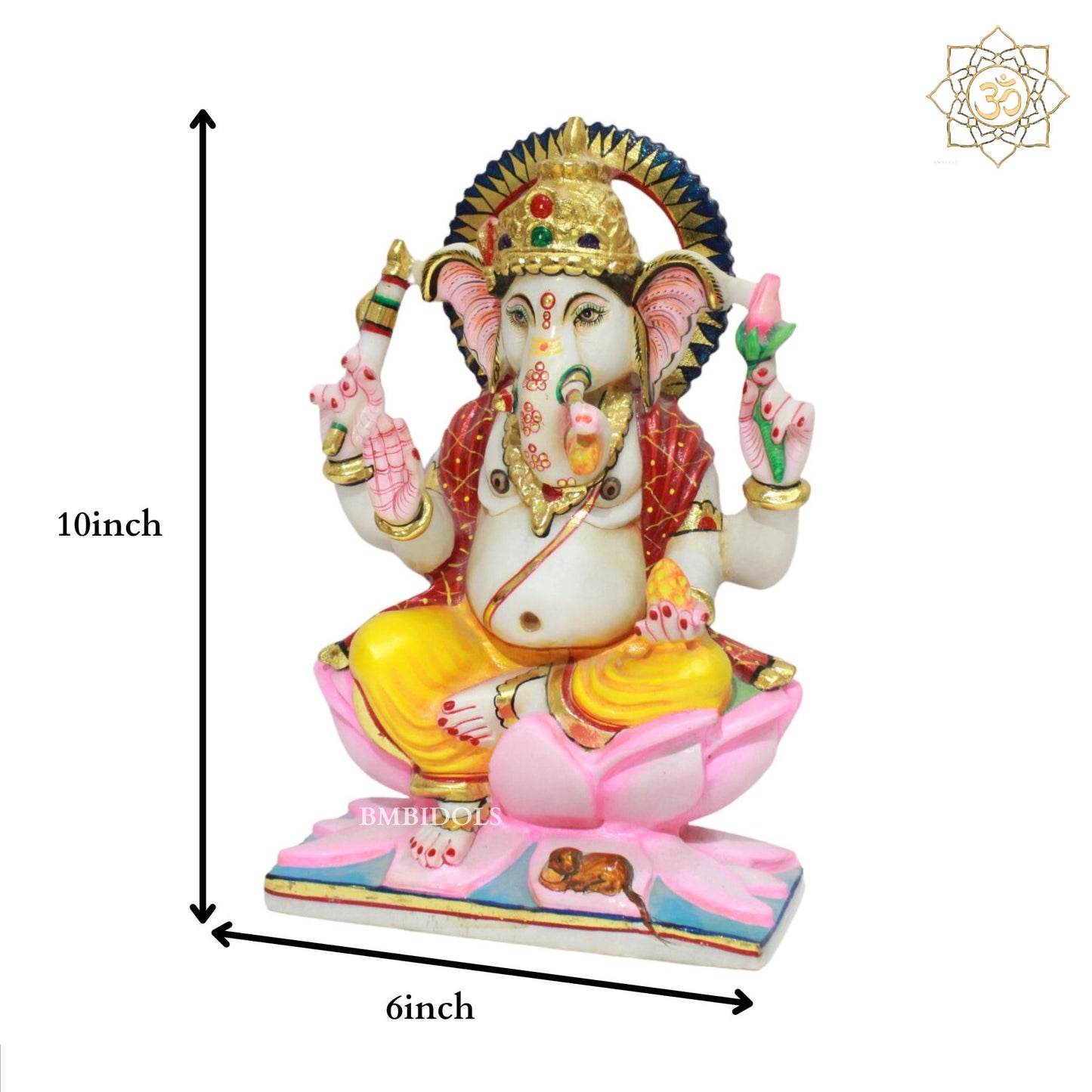 Marble Ganesh Murti in Full Coloured in 10inch for Homes and Temples