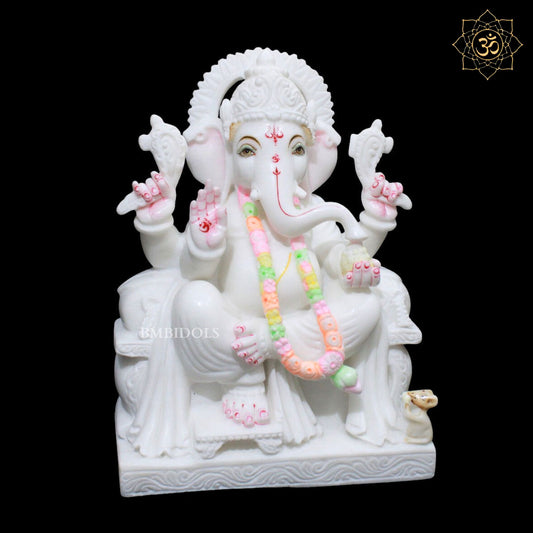 Ganpati Marble Murti in White Makrana Marble in 15inches