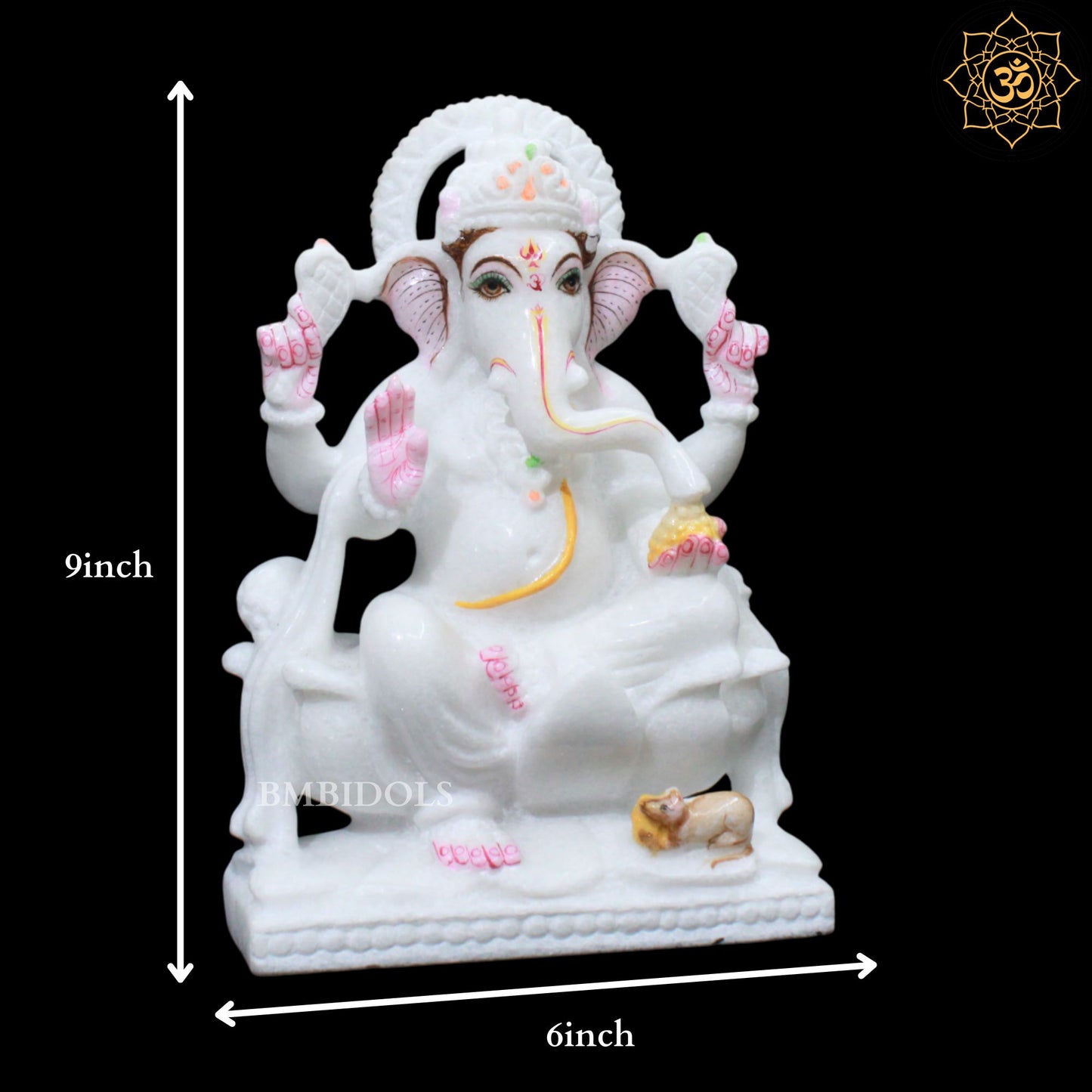 9inches Ganpati Marble Murti for Homes and Temples on Lotus