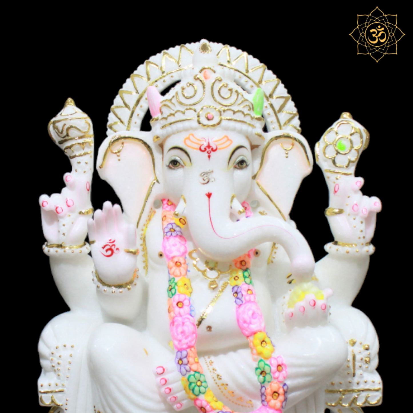 White Marble Ganesha Murti in Gold in Left side Trunk