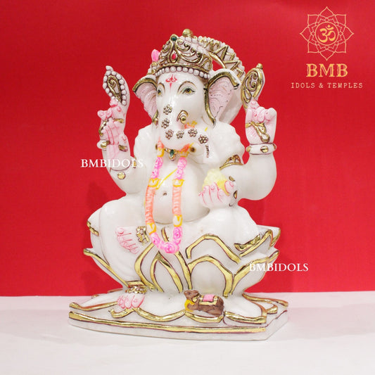 Marble Ganesh Idol in Makrana Marble in 12inches sitting on Lotus