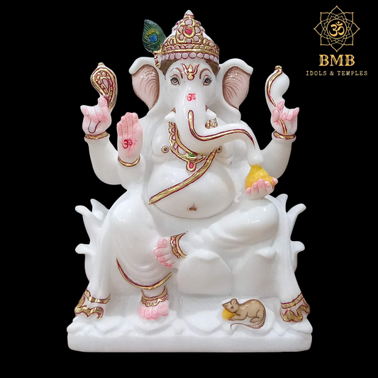 Marble Ganesha Statues in 9inches sitting on the Lotus Flower with Four Hands