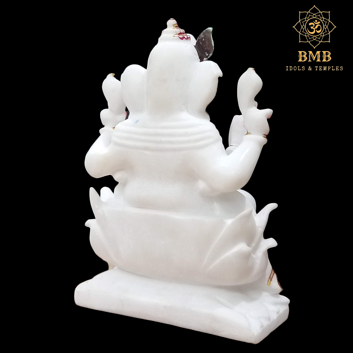 Marble Ganesha Statues in 9inches sitting on the Lotus Flower with Four Hands