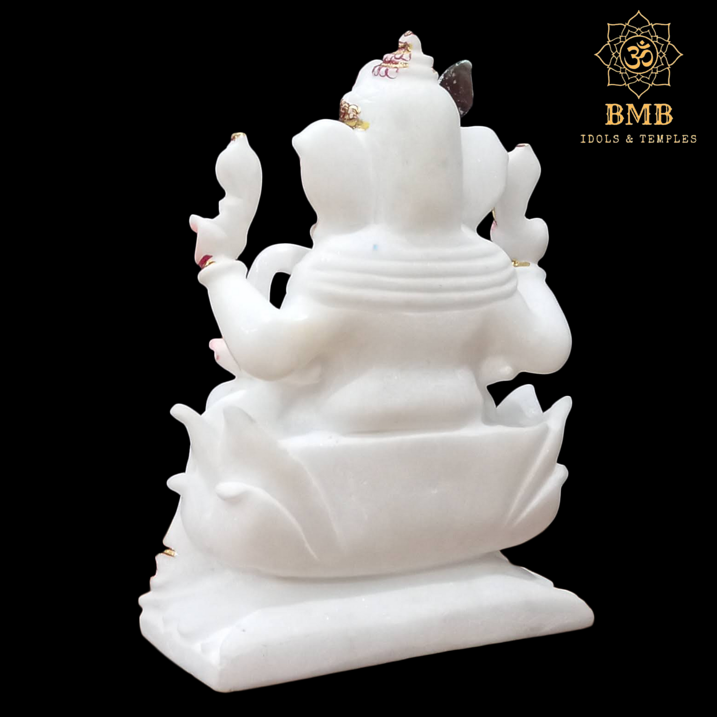Marble Ganesha Statues in 9inches sitting on the Lotus Flower with Four Hands